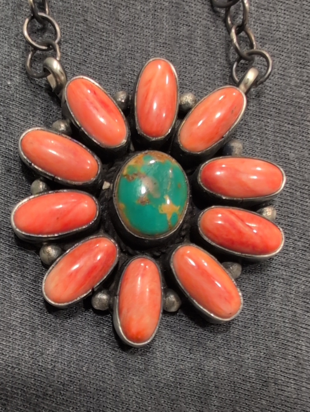 Navajo Made Orange Spiny And Turquoise Sunburst Pendant Necklace
